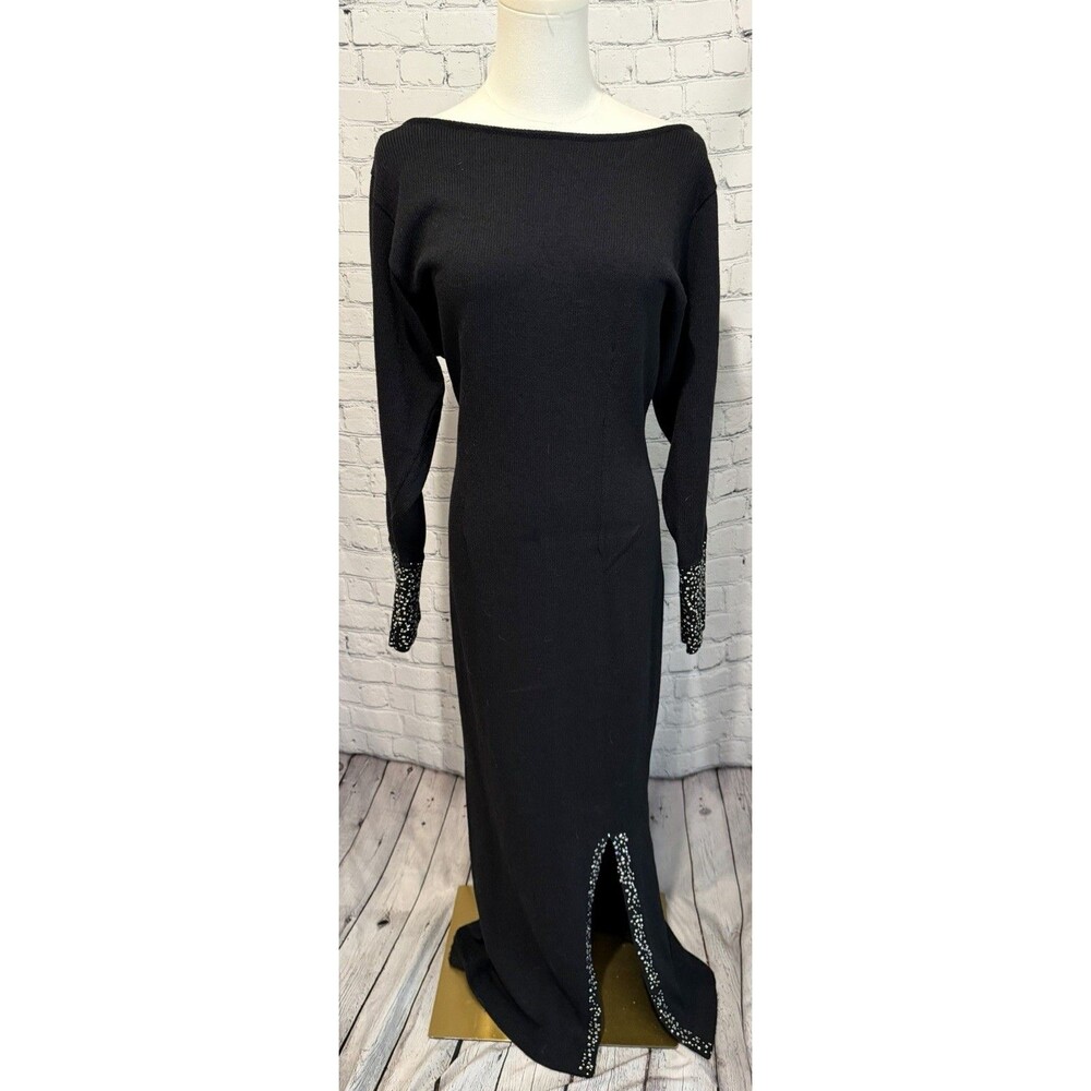 Vintage Black Knit Gown Dress sparkling rhinestone crystal Cuffs And Slit - M